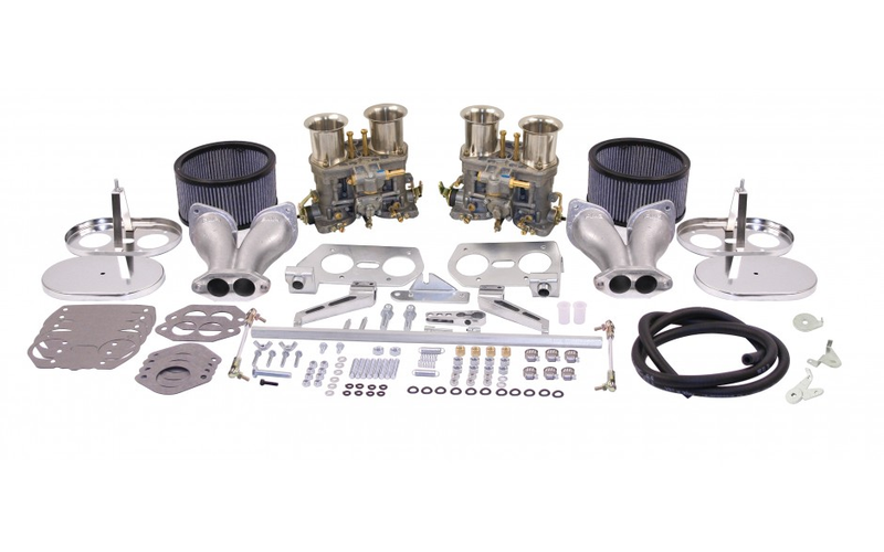 Note the velocity stacks on these Weber 40 IDF carbs. This is part of a $858 kit for old VWs for sale from Dune Buggy Warehouse.